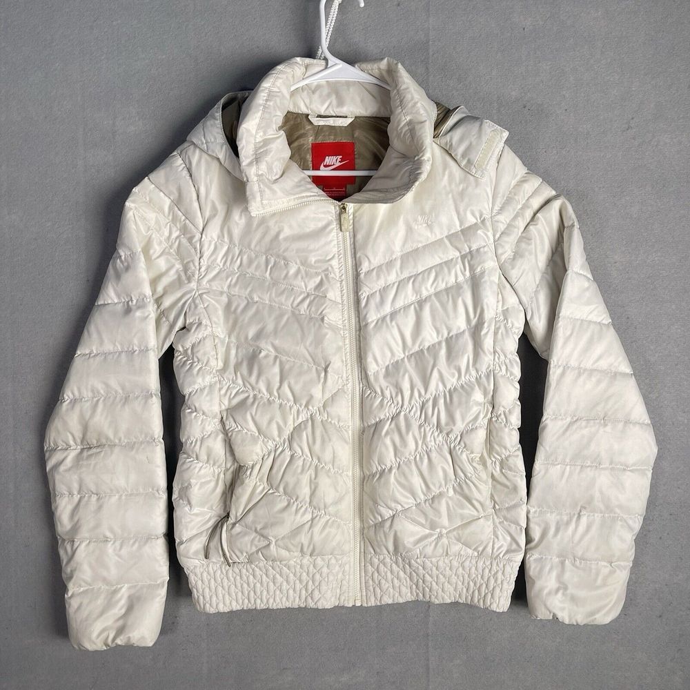 Nike Storm Fit Hooded Goose Down Blue Puffer Jacket Full‎ Zip Women Large Beige